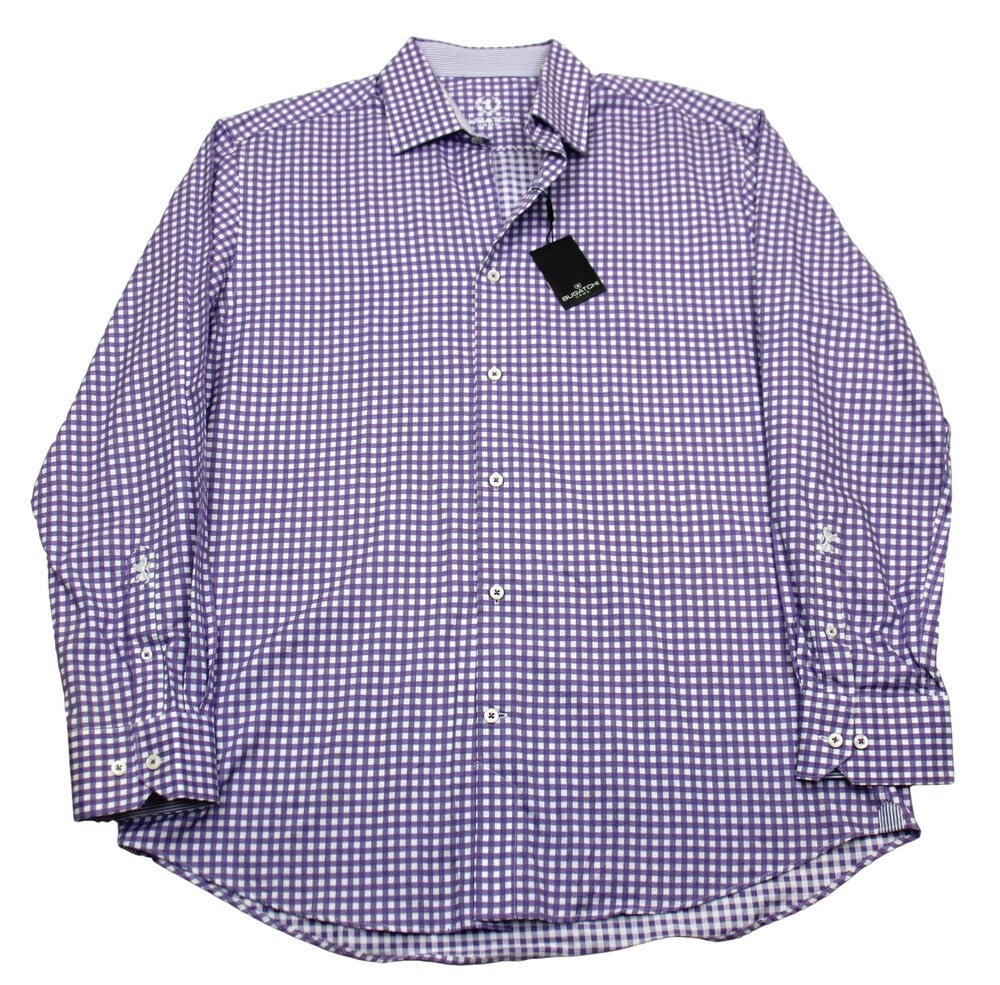 Bugatchi Shirt Mens 17.5 34/35 Purple Gingham Check Cotton Dress Long Sleeve